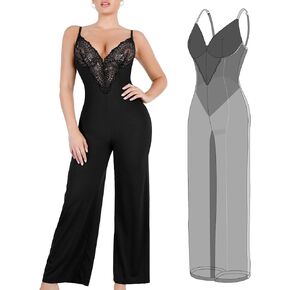 Popilush Shapewear Jumpsuit for Women - Lace Jumpsuit Built in Shapewear V Neck Spaghetti Straps Wide Leg Romper