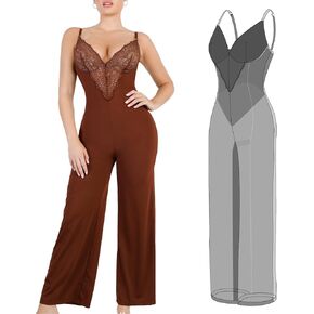 Popilush Shapewear Jumpsuit for Women - Lace Jumpsuit Built in Shapewear V Neck Spaghetti Straps Wide Leg Romper in Kuwait