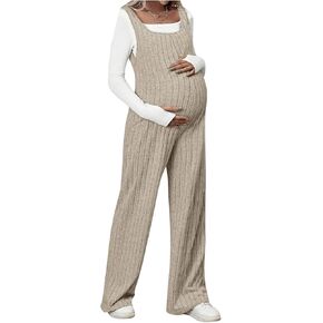 MakeMeChic Women's Maternity Jumpsuits Sleeveless Rib Knitted Straight Leg Overalls Romper Apricot X-Large