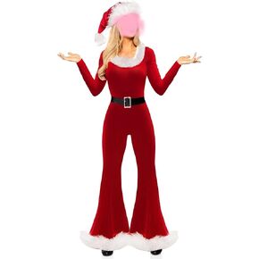 Owl's-Yard Women's Christmas Jumpsuit Deluxe Long Sleeve Flared Jumpsuit and Santa Hat Set Xmas Holiday Cosplay Party Outfits