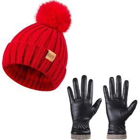 REDESS 2 Pcs Winter Hat and Golves Set Include Knit Plush Lined Trapper Hat and Windproof Waterproof Ski Touchscreen Gloves