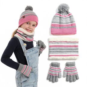 3 Pcs Kids Winter Beanie Hat Gloves Scarf Set For Toddler, Boys, Girls, With Polar Fleece Lining
