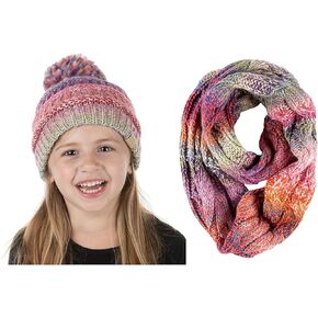 Funky Junque Matching 2 Pack Kids POM Beanie Hat & Infinity Scarf- Faux Fur Pom - Rose Mix