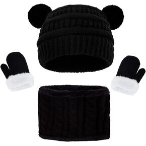 3 Pcs Kids Winter Knitted Beanie Hat Scarf Gloves Set Pompoms Knitted Beanie Mitten Scarves Fleece Lined for Toddler Girl Boy