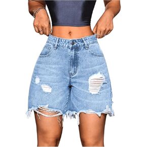 MakeMeChic Women's Ripped Raw Trim Jean Shorts Drop Waist Casual Bermuda Denim Shorts