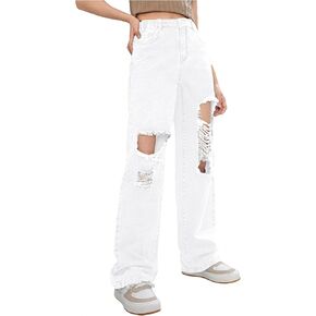 Verdusa Girl's Casual Distressed Ripped Elastic Waist Wide Leg Denim Pants Jeans