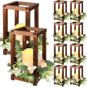 Hushee 30 Pcs Wooden Wedding Lantern Centerpiece Integrated Candle Holders with Candles and Candle Wreaths Rustic Wooden Candle Lantern Decor for Wedding Party Table Valentine Decor (Brown)
