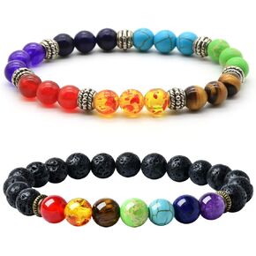 2pcs Lava Rock 7 Chakra Bracelet Aromatherapy Essential Oil Diffuser Bracelets Couples Yoga Beads Bracelet Lava Stone Stretch Bracelet for Men Women