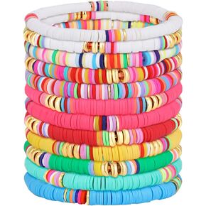 Junkin 12 Pieces Preppy Bracelets Surfer Heishi Bracelets Stackable Colorful Beaded Stretch Bracelets Elastic Bohemia Bracelets Gift for Women Girls Summer Beach Jewelry (Classic Style)
