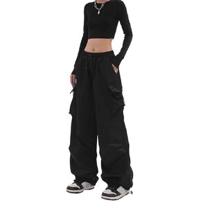 Women's Retro Pocket Cargo Pants Hip-hop Leggings Drawstring high Waist Straight Trousers Loose Casual Pants
