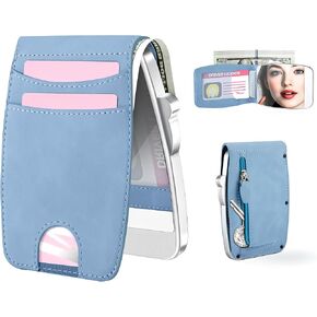 Wallet Women RFID Blocking Wallet with ID Windows, Pop-up Case, Cash Slot, Credit Card Minimalist Wallet with Mirror and Coin Pocket(Blue)