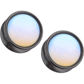 Pierced Owl - Synthetic Opal Center Front-Facing Natural Ebony Wood Saddle Plugs, Sold as Pair