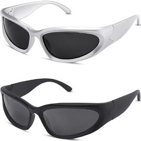 Y2K Wrap Around Sunglasses Trendy Silver Glasses Retro 90s Shades Women Futuristic