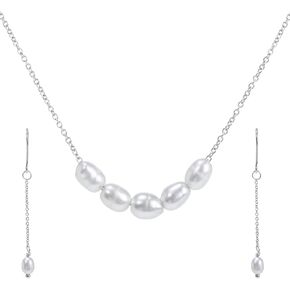 Elegant Freshwater Pearl Necklace and Earring Set for Women Perfect Wedding Jewelry, Pearl Choker & Earrings in Silver，18 + 2 Inch Adjustable 925 silver Chain