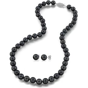 THE PEARL SOURCE 14K Gold 6-6.5mm AAA Quality Round Black Akoya Cultured Pearl Necklace & Earrings Set in 17" Princess Length for Women