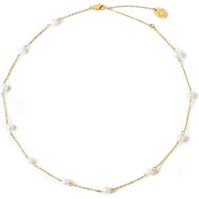 Dainty Pearl Station Necklace for Women, 4-5mm AAA Freshwater Pearls, 18K Gold PVD-Coated Stainless Steel, Adjustable Length, Minimalist Everyday Jewelry