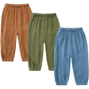 Kids Tales 3 Pack Boys Girls Cotton Linen Pants Child Basic Plain Solid Trousers Big Kids Elastic Waist Long Pants Bloomers