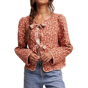 Women's Warm Quilted Jackets Floral Print Front Bow Tie Quilt Jacket Long Sleeve Padded Warm Outerwear