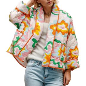 Duyang Women's Cropped Puffer Jacket Lightweight Floral Printed Open Front Quilted Coat Winter Warm Outwear