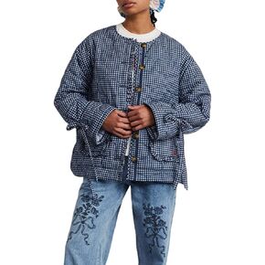 LifeShe Women Plaid Puffer Quilted Jacket Crop Button Up Padded Coats Collarless Winter Coat with Pocket