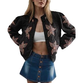OPCAKM Women's Cropped Puffer Jacket Lightweight Flower Embroidery Quilted Outerwear Coats in Kuwait