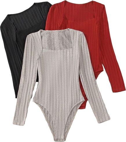 OYOANGLE Women 's 3 Pieces Long Sleeve Square Neck Tops Slim Fit Rib Knitted Bodysuits in Saudi Arabia