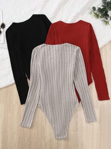 OYOANGLE Women 's 3 Pieces Long Sleeve Square Neck Tops Slim Fit Rib Knitted Bodysuits in Saudi Arabia