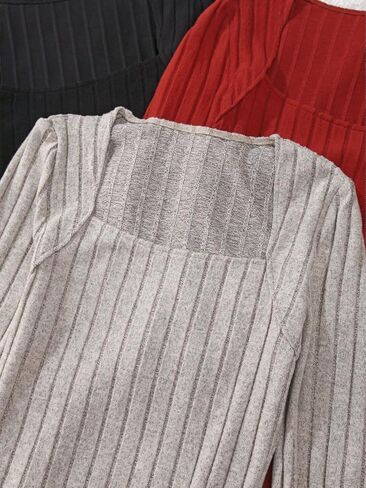 OYOANGLE Women 's 3 Pieces Long Sleeve Square Neck Tops Slim Fit Rib Knitted Bodysuits in Saudi Arabia