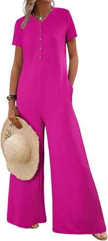BLENCOT Casual Striped Short Sleeve Jumpsuits Rib Knit Wide Leg Romper Comfy Button Down Rompers in Saudi Arabia