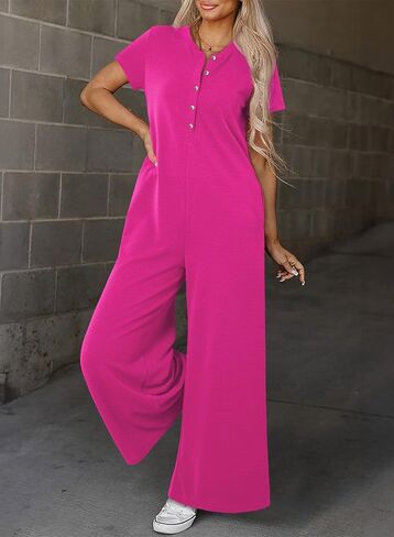 BLENCOT Casual Striped Short Sleeve Jumpsuits Rib Knit Wide Leg Romper Comfy Button Down Rompers in Saudi Arabia