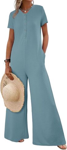 BLENCOT Casual Striped Short Sleeve Jumpsuits Rib Knit Wide Leg Romper Comfy Button Down Rompers in Saudi Arabia