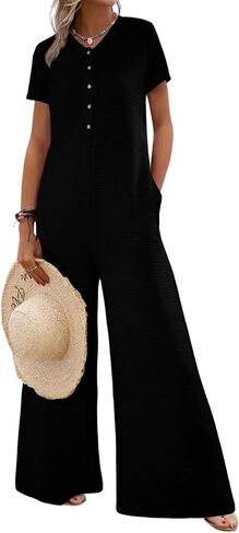 BLENCOT Casual Striped Short Sleeve Jumpsuits Rib Knit Wide Leg Romper Comfy Button Down Rompers in Saudi Arabia