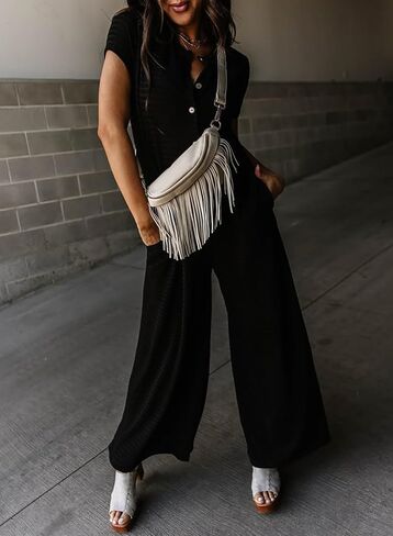 BLENCOT Casual Striped Short Sleeve Jumpsuits Rib Knit Wide Leg Romper Comfy Button Down Rompers in Saudi Arabia