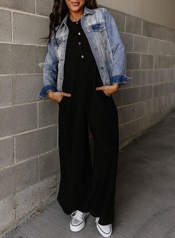 BLENCOT Casual Striped Short Sleeve Jumpsuits Rib Knit Wide Leg Romper Comfy Button Down Rompers in Saudi Arabia