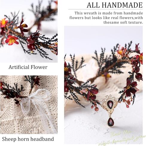 MOSTORY Dark Flower Fairy Crown - Handmade Elf Floral Headpiece Forest Crown Elven Circlet for Women Girls Cosplay Renaissance Carnival Masquerade Photo Shoot in Kuwait