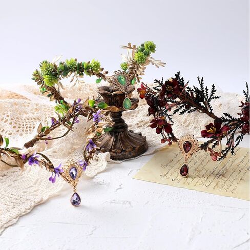 MOSTORY Dark Flower Fairy Crown - Handmade Elf Floral Headpiece Forest Crown Elven Circlet for Women Girls Cosplay Renaissance Carnival Masquerade Photo Shoot in Kuwait