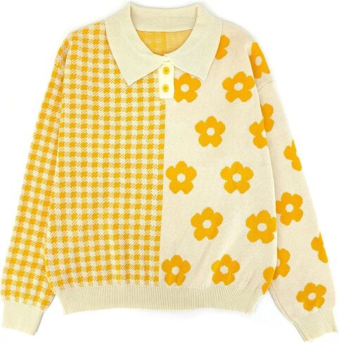 Womens Kawaii Color Block Sweaters Cute Plaid Collared Pullover Sweatshirts in Saudi Arabia