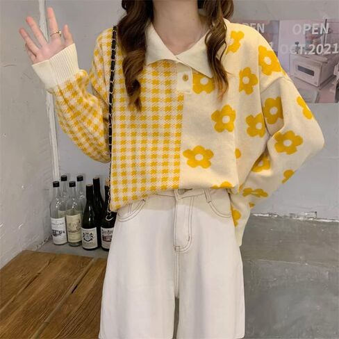 Womens Kawaii Color Block Sweaters Cute Plaid Collared Pullover Sweatshirts in Saudi Arabia