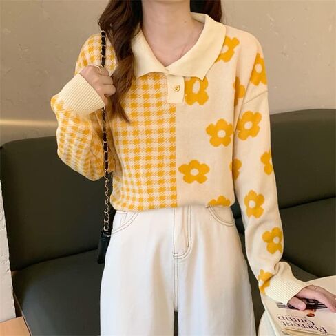 Womens Kawaii Color Block Sweaters Cute Plaid Collared Pullover Sweatshirts in Saudi Arabia