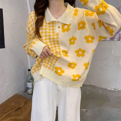 Womens Kawaii Color Block Sweaters Cute Plaid Collared Pullover Sweatshirts in Saudi Arabia