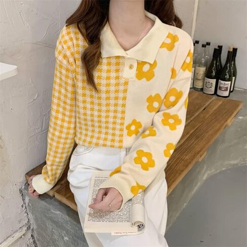 Womens Kawaii Color Block Sweaters Cute Plaid Collared Pullover Sweatshirts in Saudi Arabia