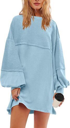 Panadila Womens Oversized Long Sleeve Patchwork Sweatshirt Dress Crewneck Tunic Sweatshirts Fall Loose Pullover Top in Kuwait
