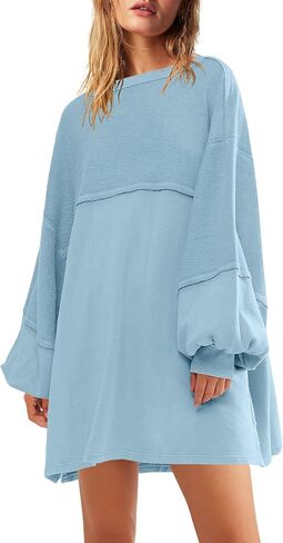 Panadila Womens Oversized Long Sleeve Patchwork Sweatshirt Dress Crewneck Tunic Sweatshirts Fall Loose Pullover Top in Kuwait