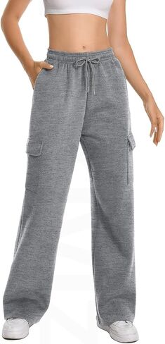 Womens Cargo Sweatpants Fleece Lined Straight Leg Drawstring Sweat Pants Workout Joggers with 4 Pockets 31‘’ Inseam in Saudi Arabia