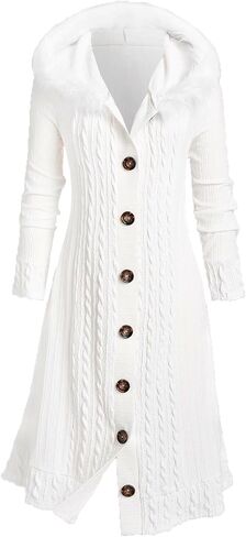 ROSE GAL Women Plus Size Faux Fur Hooded Button Down Cable Knit Maxi Cardigan Coat Hooded Overcoat Outwear in Saudi Arabia