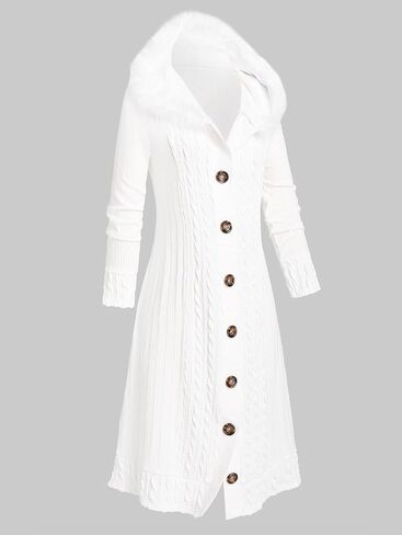 ROSE GAL Women Plus Size Faux Fur Hooded Button Down Cable Knit Maxi Cardigan Coat Hooded Overcoat Outwear in Saudi Arabia