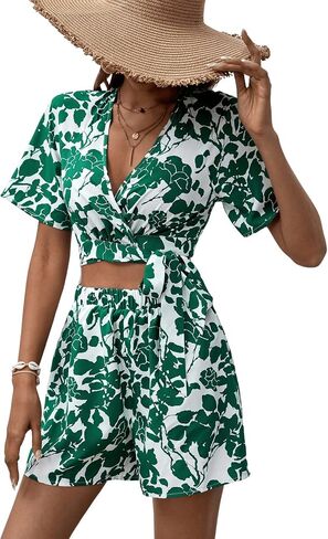 SweatyRocks Women's 2 Piece Boho Butterfly Sleeve Knot Front Crop Top with Shorts Set in Saudi Arabia