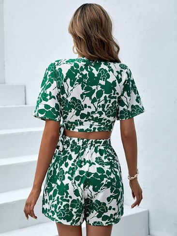 SweatyRocks Women's 2 Piece Boho Butterfly Sleeve Knot Front Crop Top with Shorts Set in Saudi Arabia