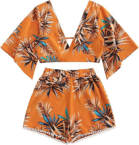 SweatyRocks Women's 2 Piece Boho Butterfly Sleeve Knot Front Crop Top with Shorts Set in Saudi Arabia