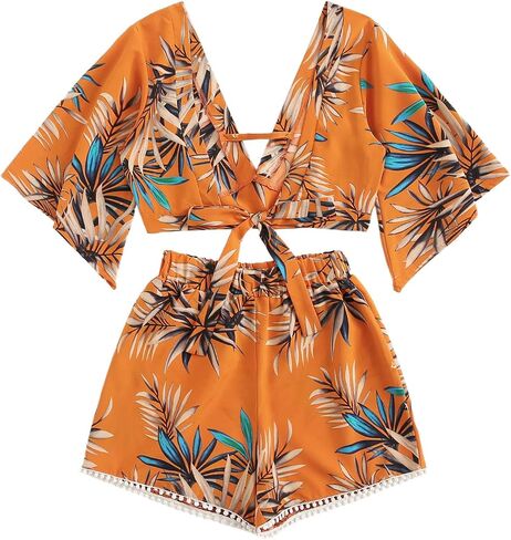 SweatyRocks Women's 2 Piece Boho Butterfly Sleeve Knot Front Crop Top with Shorts Set in Saudi Arabia